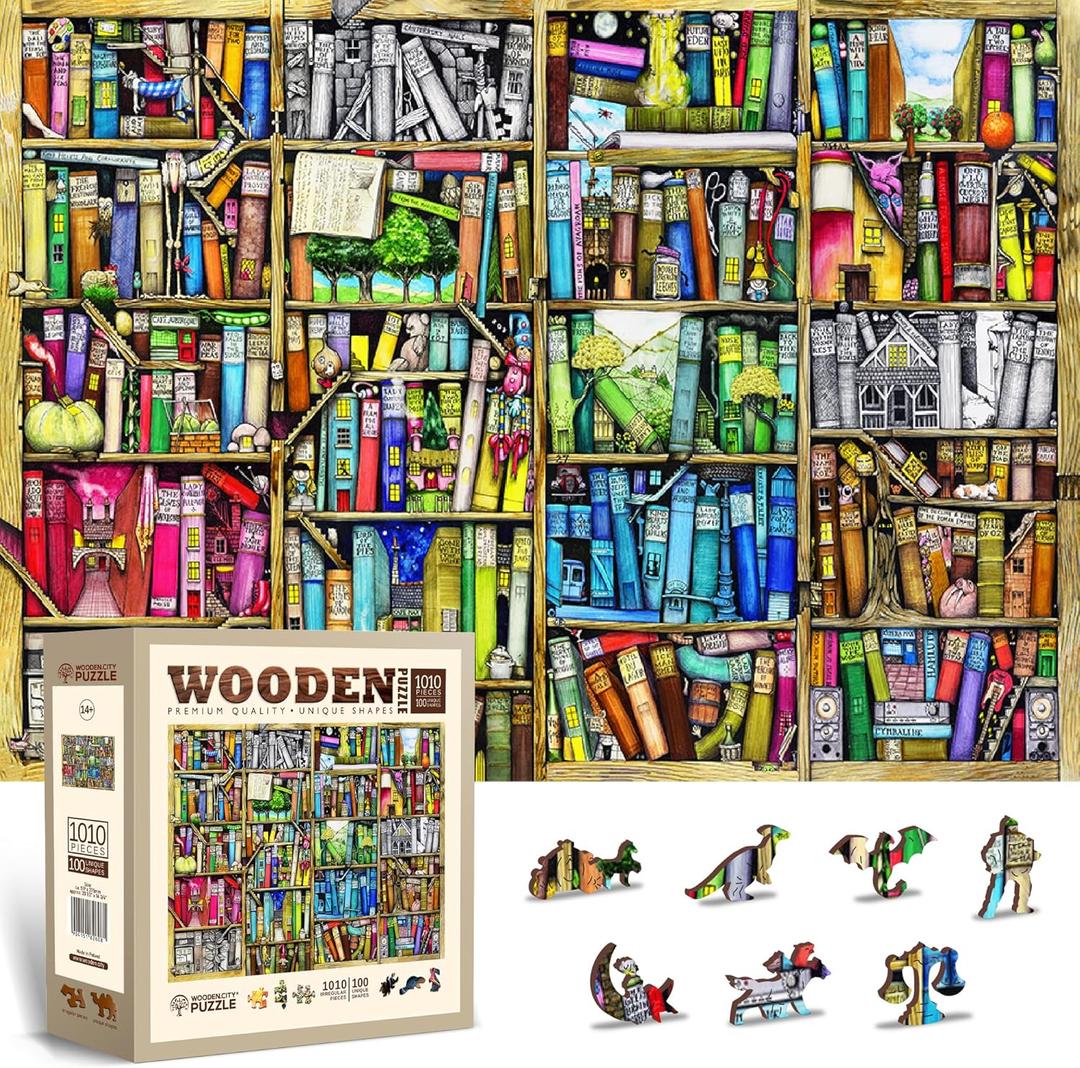 WOODEN.CITY Wooden Puzzle - Bookshelves | 1000 Pieces with 100 Unique Book-Themed Shapes | European Craftsmanship | 20.4 x 14.8 in | Perfect for Adults, Puzzle Enthusiasts, and Book Lovers