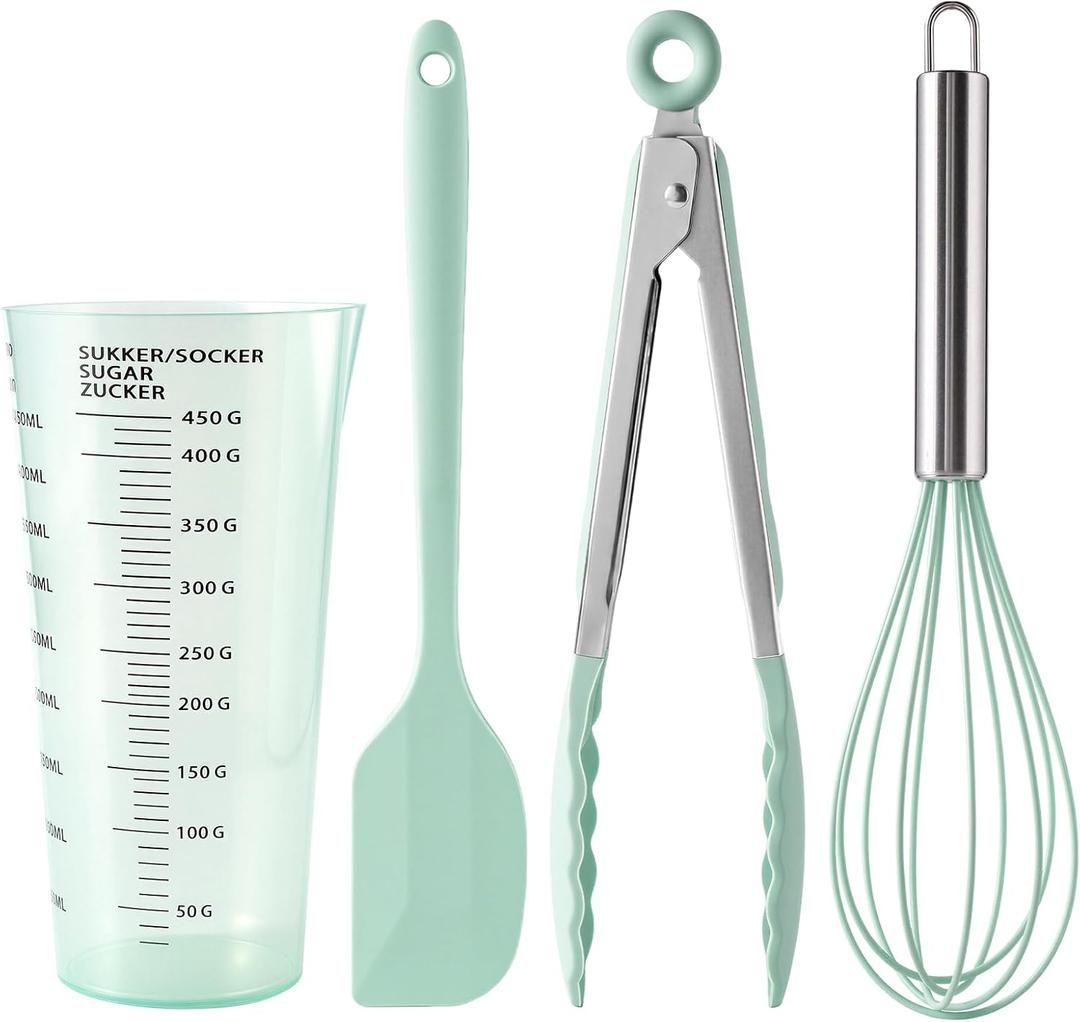 Silicone Baking Utensils Set, 4PCS Heat Resistant Non-Stick Kitchen Baking Tools for Cooking, Baking, Mixing, Including Spatula, Measuring Cup, Whisk, Clip (Cyan)