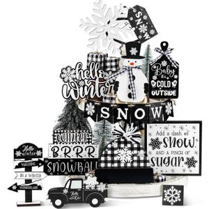 Dandat 18 Pcs Christmas Tiered Tray Decor Black White Buffalo Plaid Snowman Snowflake Wooden Signs Farmhouse Christmas Decor for Home Table Shelf