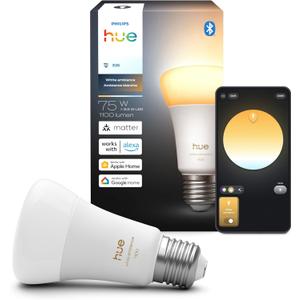 Philips Hue Smart LED A19 Bulb, White Ambiance, E26 Base, 9.5W, Full Spectrum Light 1000K-20000K, 1100 Lumens, Dimmable, Compatible with Alexa, Google Assistant, and Apple Home, 1 Pack