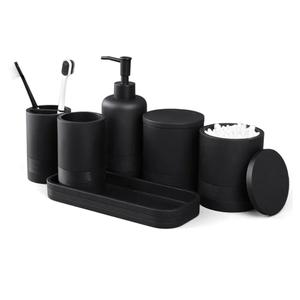 6-Piece Bathroom Accessories Set, Organizer Set with Soap Dispenser, Toothbrush Holder Set, Vanity Tray, Tumbler & 2 Cotton Swab Jars – Modern Stylish Bathroom Storage(Matte Black)