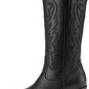 Athlefit Cowboy Cowgirl Boots for Women Fashion Low Chunky Heel Snip Toe Embroidery Western Mid Calf Boots (7.5, Black)