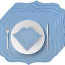 Set of 4 Blue Cotton Linen Placemats, 16 x 18 Embroidery Cloth Table Mats with Scalloped Edge Washable Fabric Place Mats Wavy Shape for Wedding Baby Shower Party Table Decor