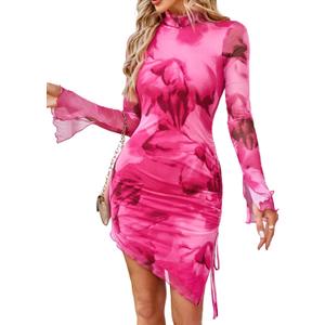 SHENHE Women's Mock Neck Ruched Drawstring Slit Long Sleeve Mesh Sexy Bodycon Mini Dress (Pink, XS)