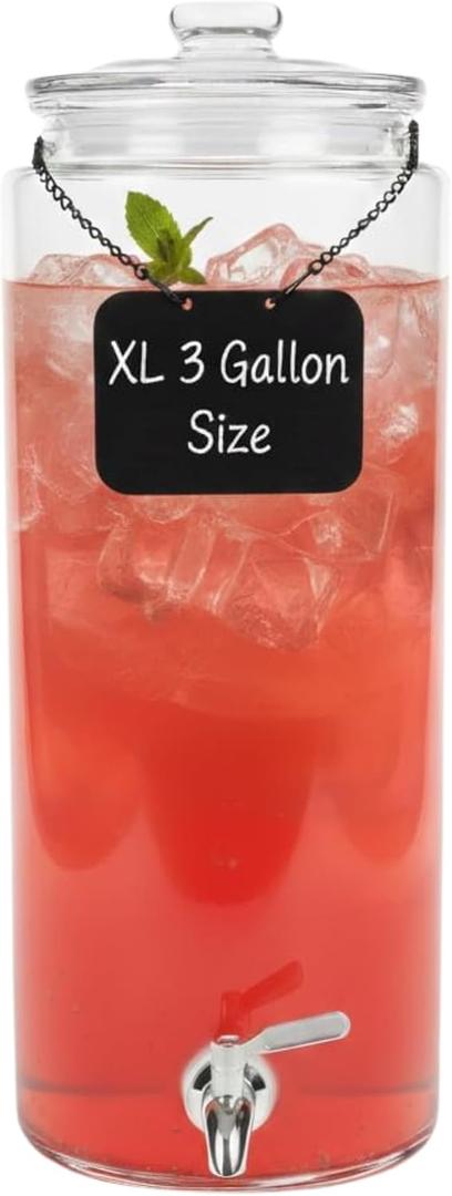 3 Gallon Glass Beverage Dispenser & Spigot Large Drink Dispenser for Parties, Juice, Water, Iced Tea, Sangria, Punch, Cocktails