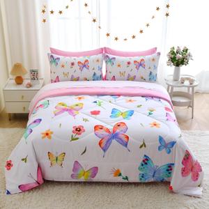 Wajade 7 Piece Butterfly Comforter Set for Girls Kids Cute Colorful Butterfly Flowers Floral Bedding Set Full Size with Sheet and 2 Pillowcases 2 Pillow Shams Bed in a Bag as Birthday Choice