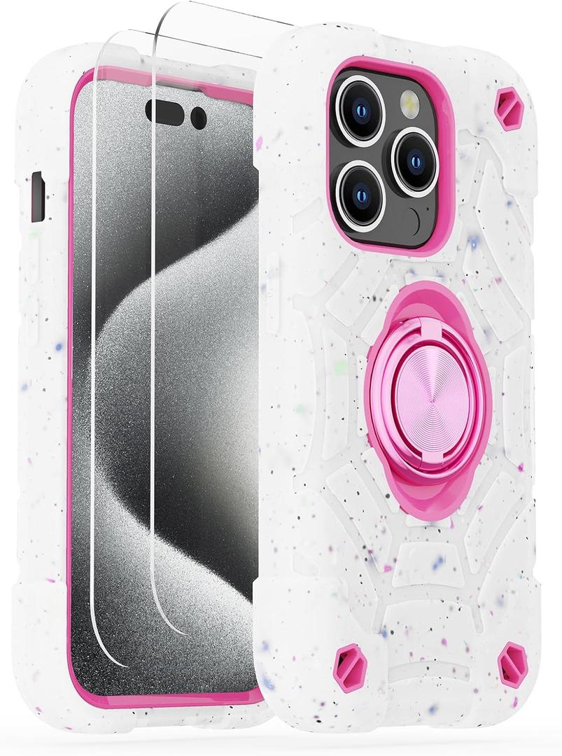 KCJ Compatible with iPhone 15 Pro Case with[2×Screen Protectors+1xCamera Lens Protector][Ring Stand] Tough Rugged Heavy Duty Case for iPhone 15 Pro 6.1"