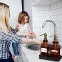 LMQML Soap Dispenser - 2 Pack, Antique Design Thick Amber Glass Hand Soap Dispensers with Sturdy Tray; 304 Rust Proof Stainless Steel Black Pump, 12Pcs Stickers, for Kitchen, Bathroom - Brushed Gold