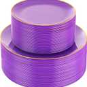 PULOTE 100PCS Purple Plastic Plates - Disposable Purple and Gold Plates Include 50 Dinner Plates 10.25 Inch and 50 Dessert Plates 7.5 Inch for Party&Birthday