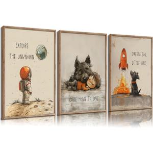 CCZ Vintage Astronaut Nursery Canvas Wall Art Space Explore Picture Wall Decor Dream Big Little One Poster Cute Dog Toddler Painting Print Artwork for Kids Boys Room Bedroom Playroom Decor, Unframed (16L"x12W")