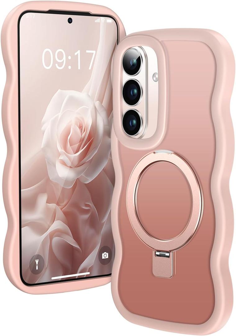 [Magnetic Stand & Cute Wave Frame] Case for Samsung Galaxy S26 [Fit for MagSafe] MIL-Grade Drop Protection Non Yellowing Matte Translucent Back Phone Case Cover for Galaxy S26 Case 6.3", Pink