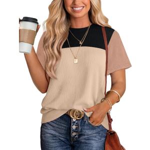 WIHOLL Womens Fashion 2026 Color Block Shirts Short Sleeve Crewneck Knitted Spring Summer Tops Casual Trendy (Beige, XXL)