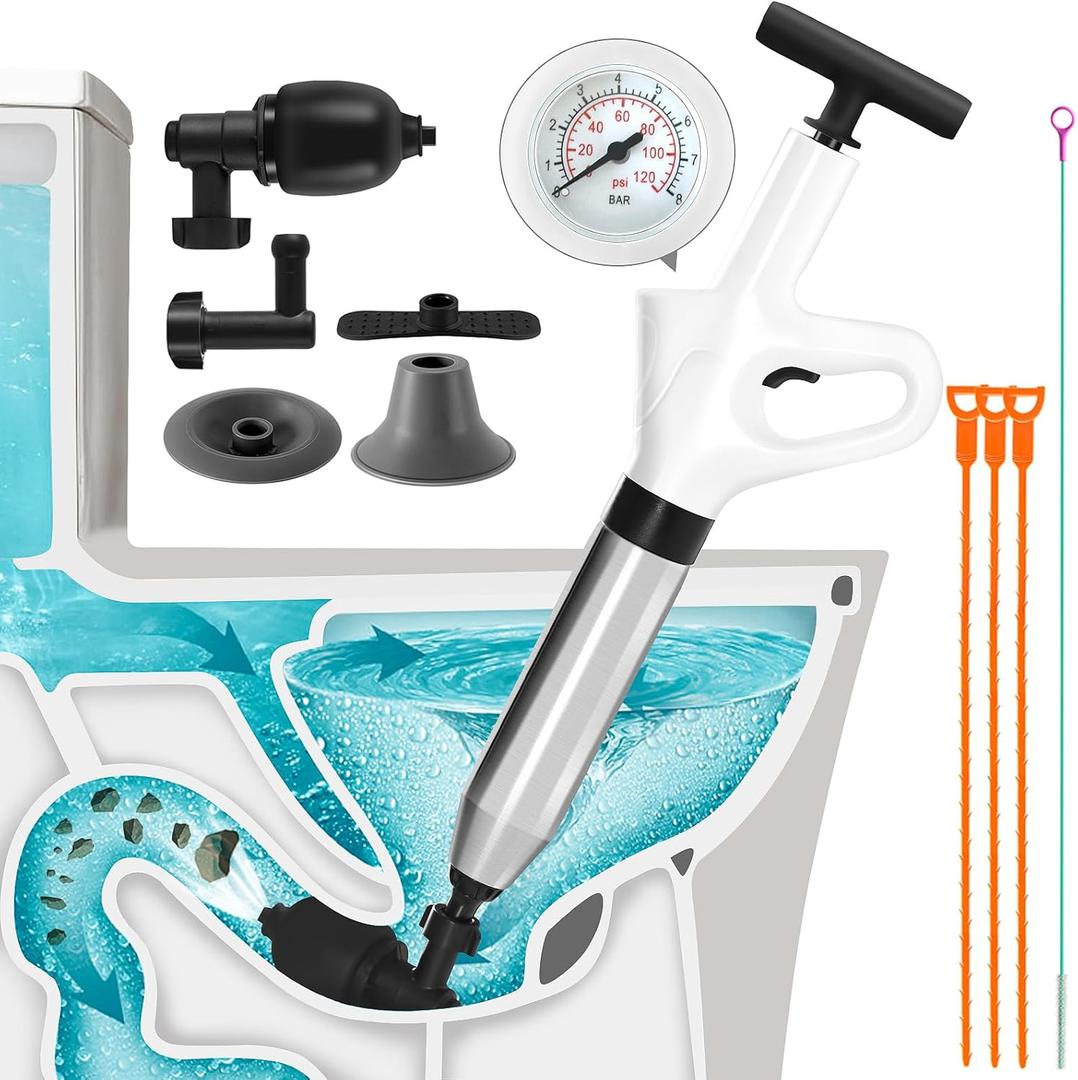 Toilet Plunger Heavy Duty, High Pressure Air Plunger, Toilet Auger Air Drain Blaster Gun, 25" Drain Clog Remover x3 & 37" Snake Drain Hair Removal Tool x1, Plungers for Bathroom Kitchen Floor Clogs