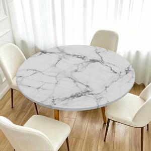 Marble Elastic Round Fitted Tablecloth 40-44 Inch, Waterproof