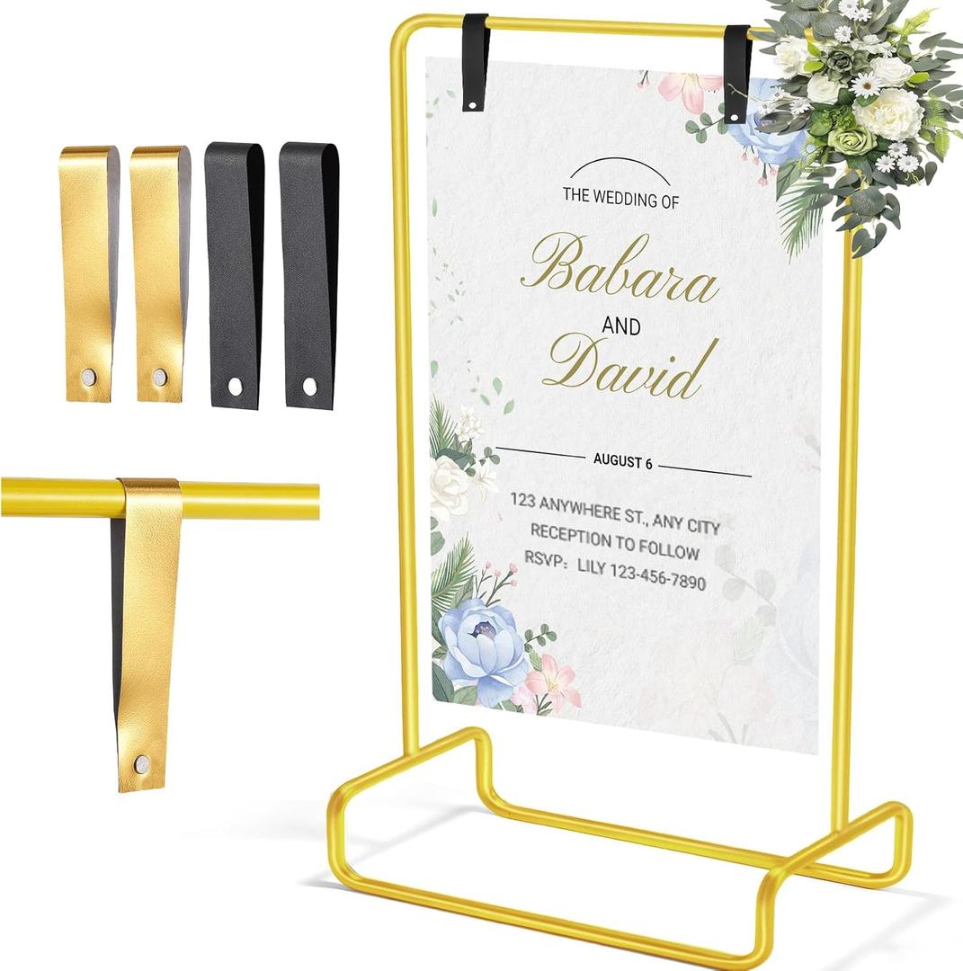 Wedding Welcome Sign Holder, 68"x32"x16.5" Welcome to Our Wedding Sign Adjustable Gold Display Stand with Leather Sign Hanging Straps, Easel Stand Personalized for Baby Shower Bridal Shower Sign