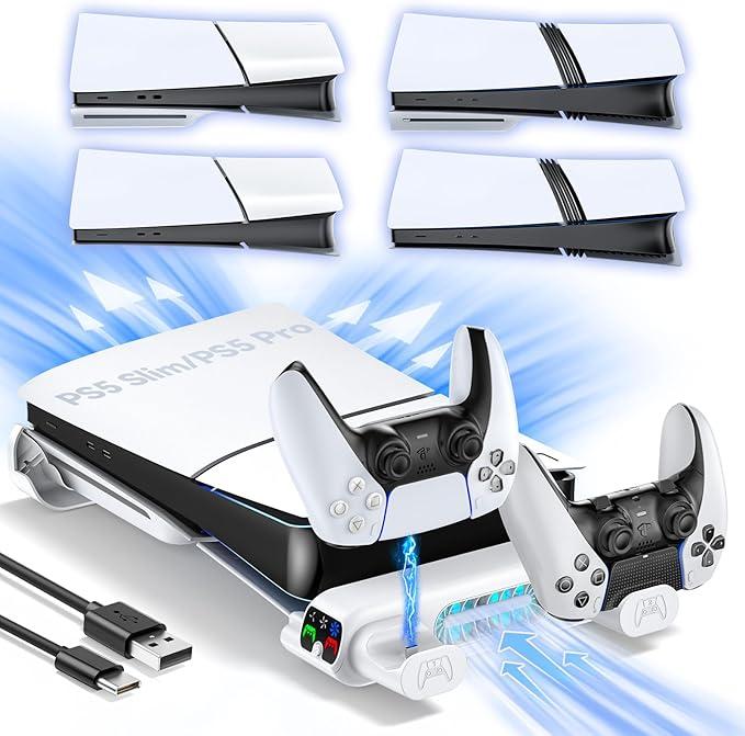 PS5/Slim/Pro Horizontal Stand with Cooling Fan & Charger for Original & Edge Controllers, Scalable Design PS5 Accessories Base with EVA Foams for All PS 5 Disc & Digital, PS 5 Sideways Stand White