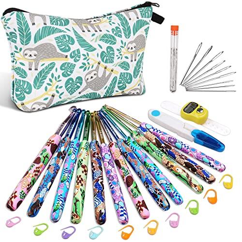 Coopay 12 Sizes Crochet Hooks Set with Case, Comfort & Sturdy Forest Crochet Hooks Ergonomic Soft Grip for Crocheting Yarn, Crochet Counter Track Stitches, Ideal Crochet Starter Kit