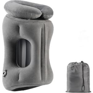 2-in-1 Magnetic Design Inflatable Travel Pillow, Ergonomic Neck Support Airplane Pillow for Flying, Compact Camping Pillow with Storage Bag for Home Nap & Car Travel (Grey)