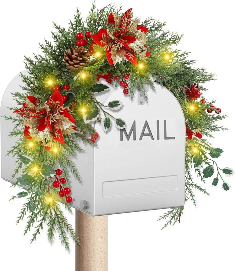 DR.DUDU Christmas Mailbox Swag with Lights  3 FT Prelit Outdoor Swags Garland with Timer, Flowers & Pine Cones for Porch, Home and Outside Entryway Holiday Decorations