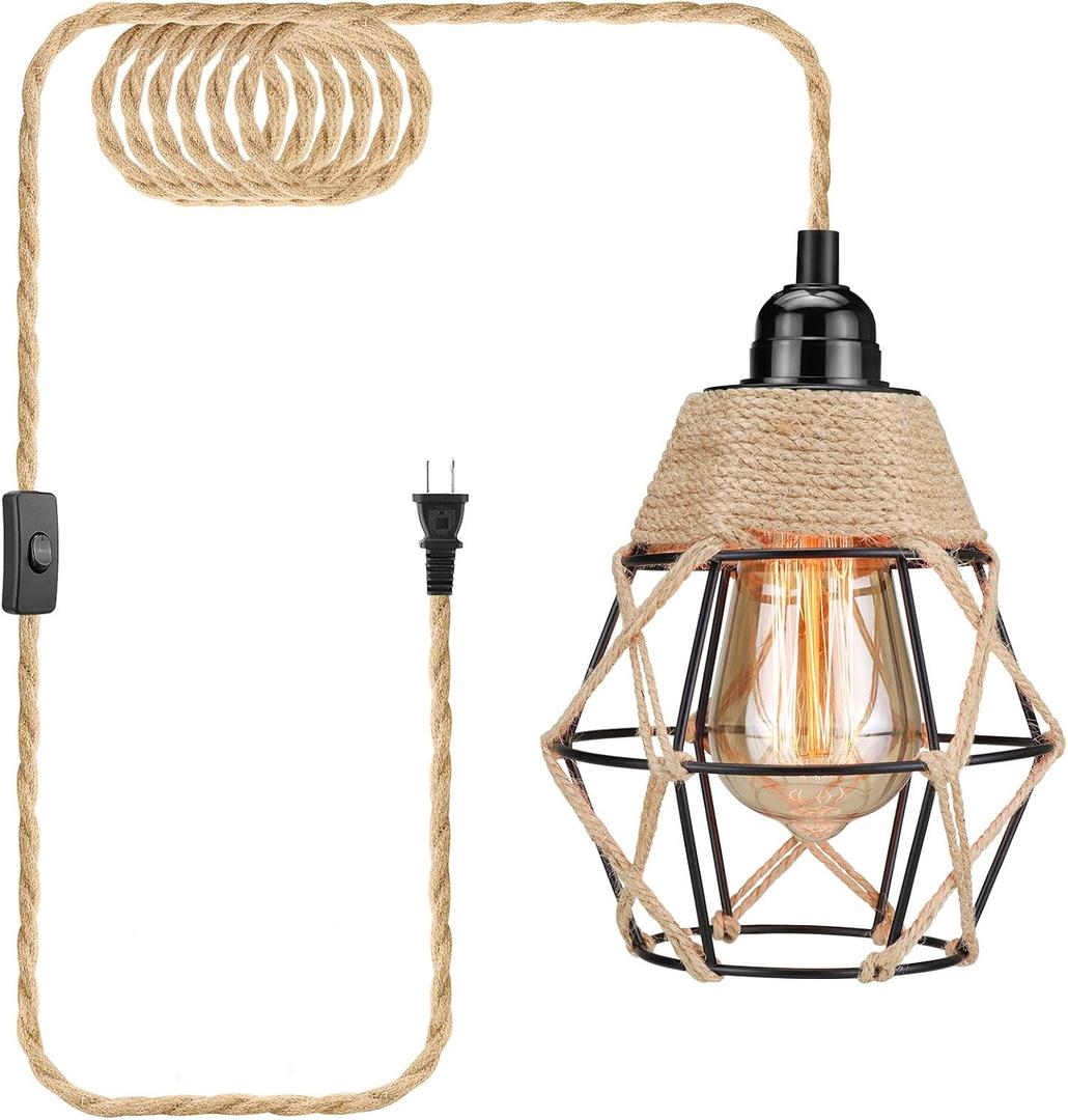 Plug in Pendant Light, Industrial Hanging Light with Plug in Cord, Hemp Rope On/Off Switch Farmhouse Pendant Light, Hanging Lamps for Dining Room (Beige)