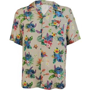 Disney Lilo and Stitch Men's Stitch Tropical Hawaiian Button Up Shirt (XX-Large, Khaki)