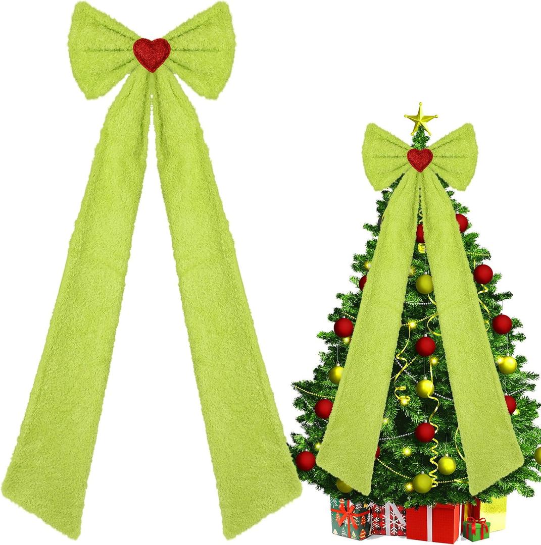 Janinka 48 Inch Extra Large Green Christmas Tree Topper Bow Lime Green Plush Faux Fur Xmas Tree Decoration Giant Huge Christmas Fluffy Decorative Bows with Long Streamers for Xmas Party Decor