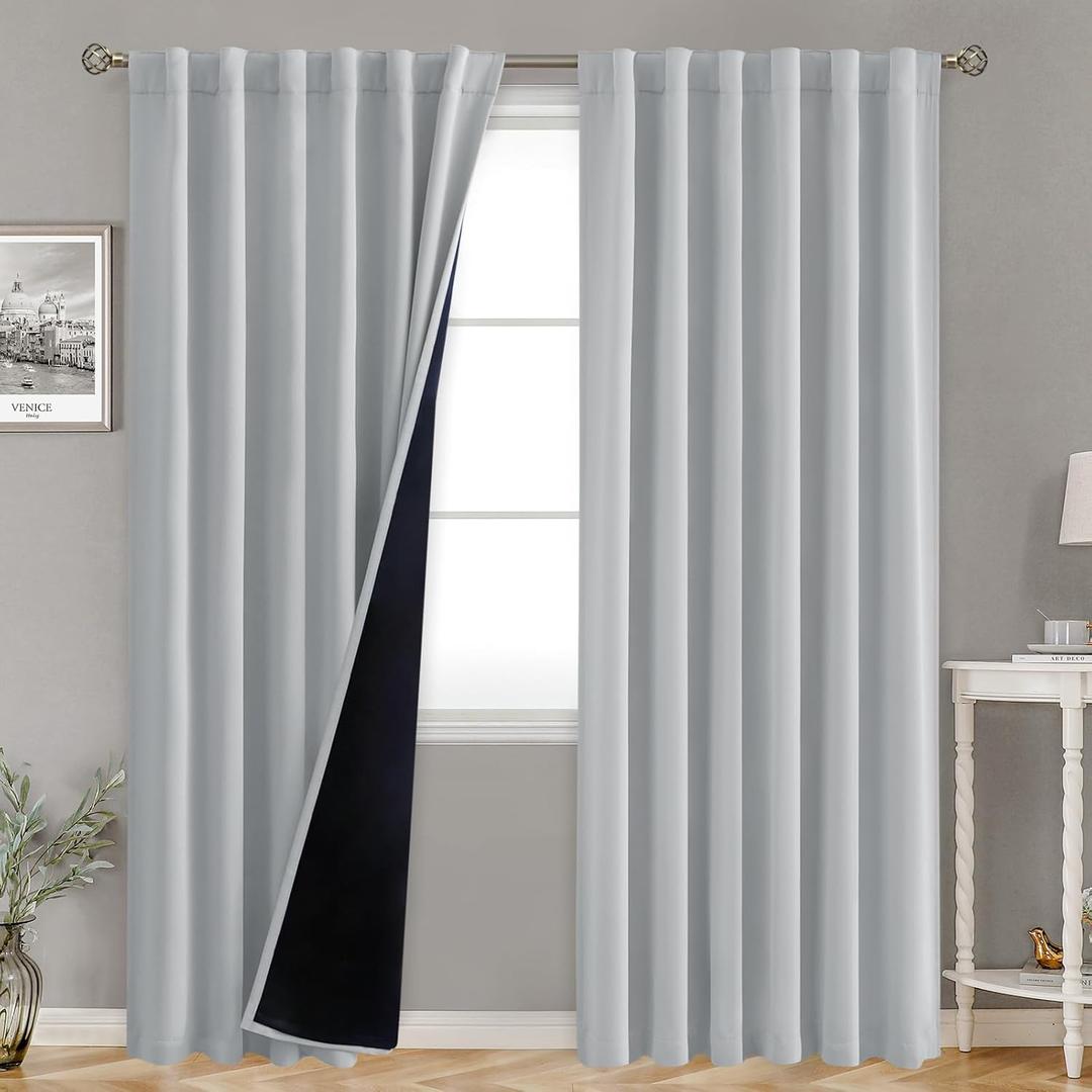 BGment 100% Blackout 80 Inch Curtains with Thermal Insulation Liner, 52 x 80 Inch Rod Pocket and Back Tab Double Layer Room Darkening Window Treatment Curtain for Living Room (2 Panels, Light Grey)