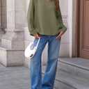 Fisoew Womens Oversized Long Sleeve Shirt Casual Waffle Knit Tunic Tops Lace Patchwork Pullover Sweatshirt (Green)