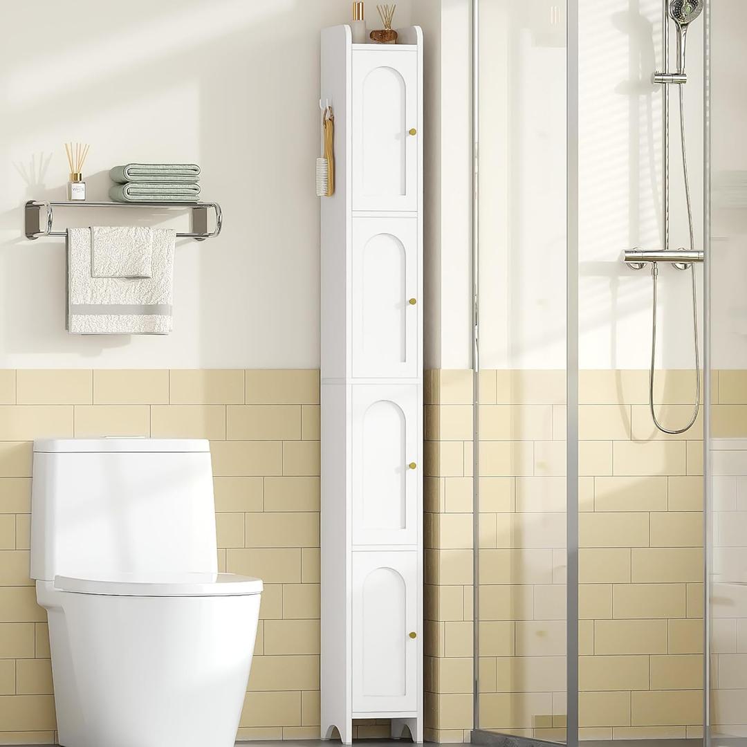 Hzuaneri 70.9" H Bathroom Storage Cabinet, Tall Corner Cabinet with 4 Doors | Slim Freestanding Floor Cabinet with Adjustable Shelf and Arched Door for Small Spaces, 7.9" D x 7.9" W x 70.9" H White