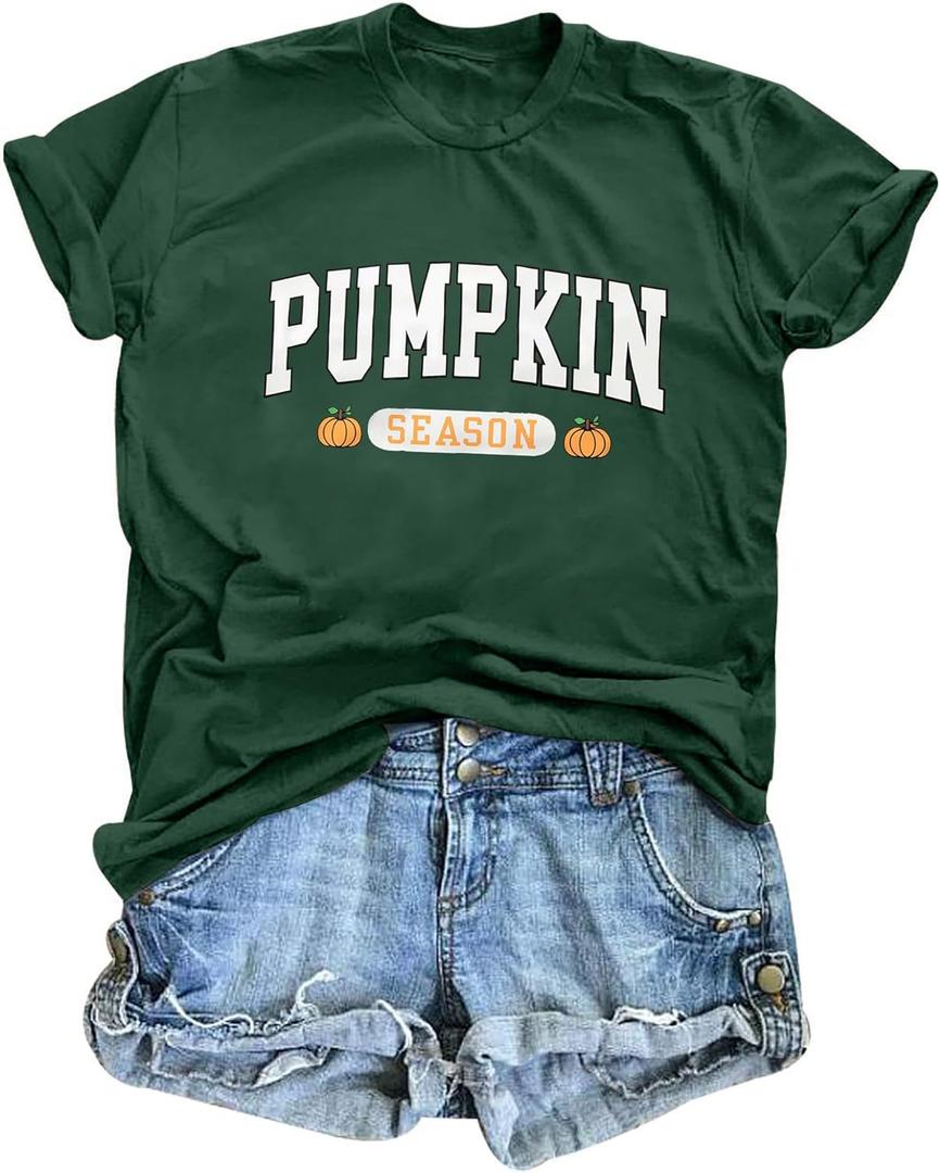 Pumpkin Shirts for Women Cute Thanksgiving Fall Tops Funny Halloween Graphic Tees Autumn Short Sleeve Outfit (Green, XL)