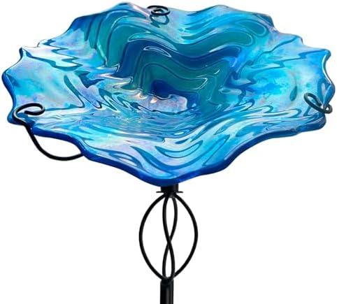 HONGLAND Bird Baths for Outside,11" Small Blue Glass Birdbaths Outdoor,Detachable Bird Feeder with Metal Stake for Garden Yard Patio Decor,32" Height
