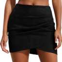 Skrtimory Faux Suede Mini Skirt Bodycon Ruched Tulip Fall Winter Short Suede Mini Skirts for Women (Small, Black)