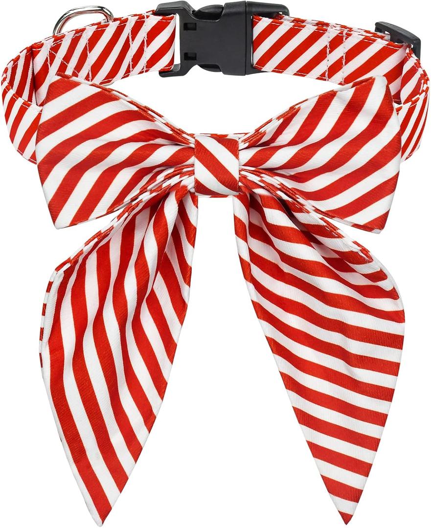 Malier Christmas Dog Collar with Bowtie, Classic Red Stripe Dog Christmas Collar for Girl and Boy, Cute Adjustable Dog Collars Puppy Collar for Small Medium Large Dogs Cats Pets (Small, Red Stripe)