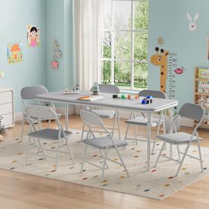 IDEALHOUSE 7 Piece Folding Kids Table and Chairs Set, Children Activity Table and Chairs Set for Dining Room,Daycare,Classrooms (Grey)