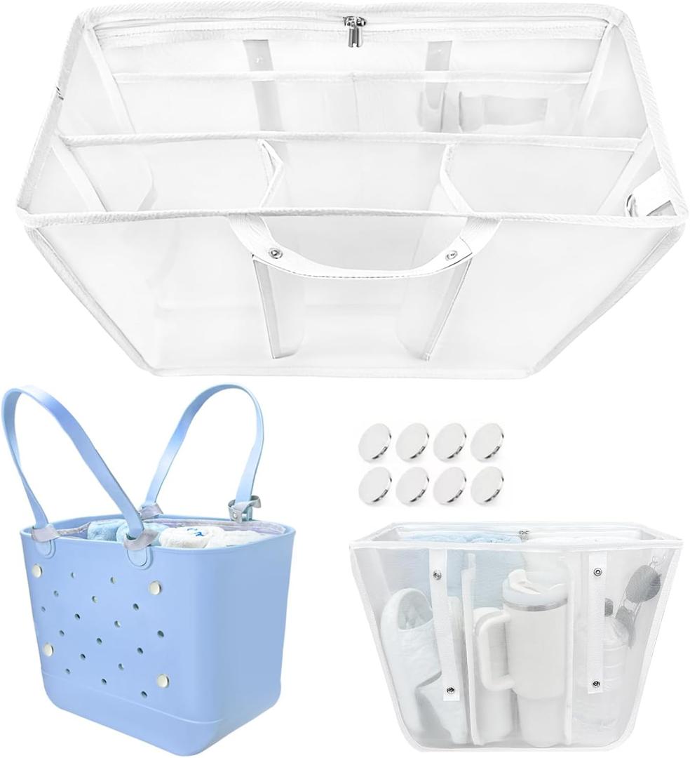 XYFuuee Beach Bag Organizer Insert for XL Simple Modern Bag Accessories with 8 Removable Metal Fasteners, Extra Large Lightweight Mesh Inserts Divider Pouch, Organizing Rubber Tote, Save Space, White
