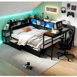 Bellemave Full Corner Bed Frame with Desk and Storage, Full Captains Bed with Charging Station and LED Light, Wood Daybeds with L-Shaped Bookcase and 2 Drawers, Black