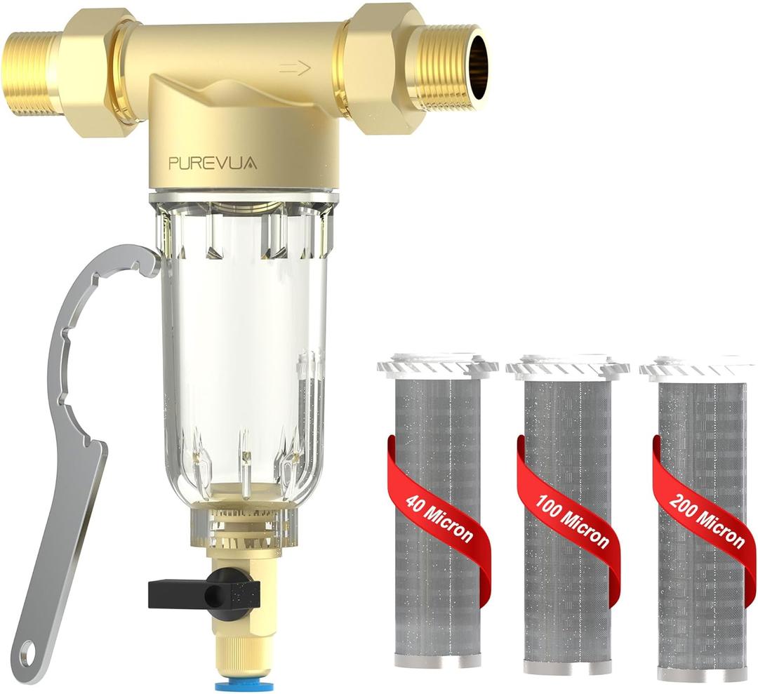 PSF1 Spin-Down Sediment Filter, Whole House Pre-Filter for Well Water & City Water, 40/100/200 Micron Reusable Stainless Steel Mesh, 1" MNPT + 3/4" FNPT & 3/4" MNPT Adapter