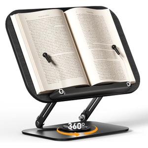 Book Stand for Reading, Adjustable Book Holder with 360 Rotating Bases, Foldable Designs, and Elastic Clips, Multifunctional Display Stand for Recipe, Cookbooks, Magazines, Tablets (Black)