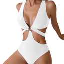 Women's Deep V Neck One Piece Swimsuit O-Ring Swimwear Sexy Cut Out Bathing Suit (White, M)
