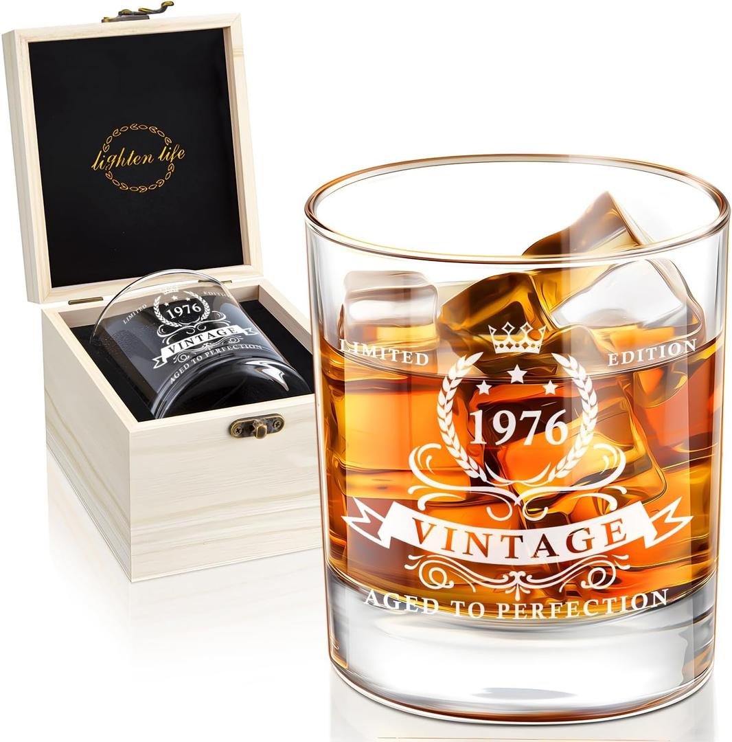 LIGHTEN LIFE 50th Birthday Gifts for Men 12 OZ,1976 Whiskey Glass in Valued Wooden Box,50th Birthday Bourbon Glass for 50 Years Old Dad,Husband,Friend,Bday Gift Ideas