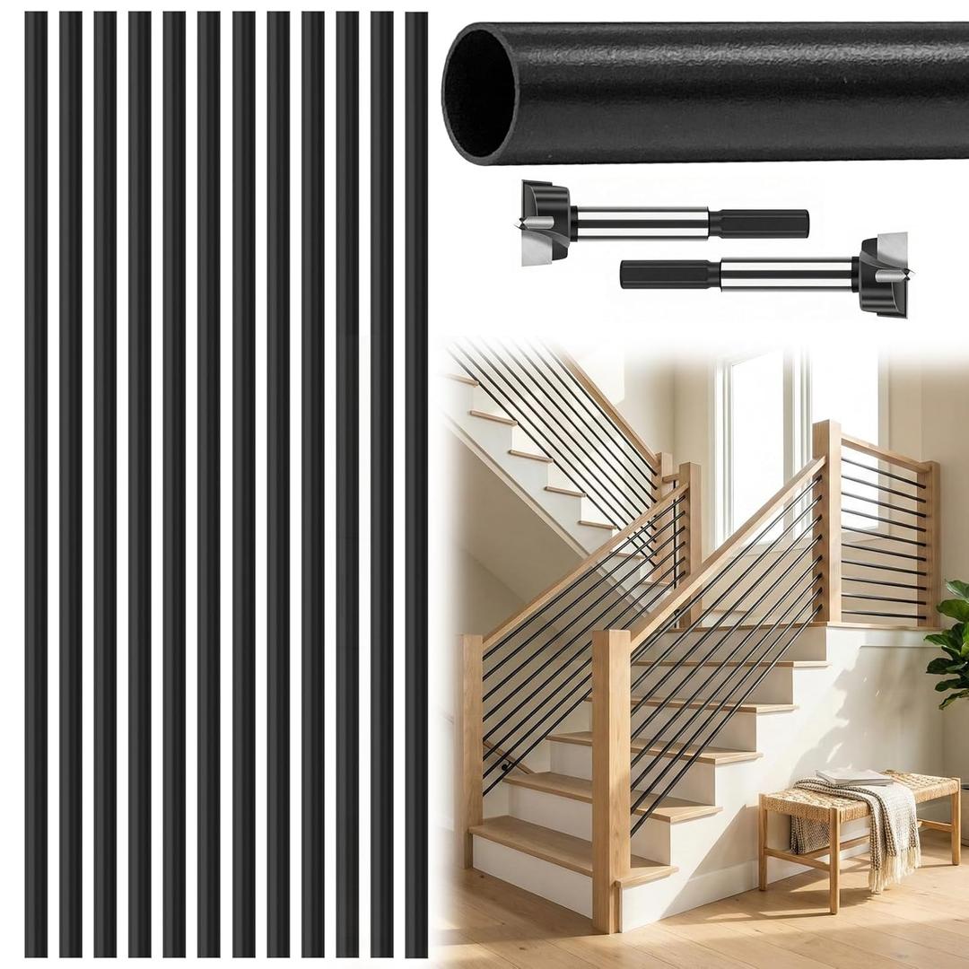 12Pack 56.4nch Aluminum Stair Railing Kits, 4.7 FT x 5/8 inch Stair Balusters Round Horizontal Baluster Indoor Railings and Banisters, Matte Black Stair Baluster for Indoor Indoor Outdoor Deck Railing