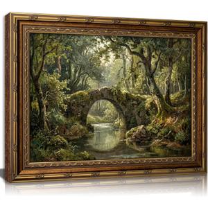 Vintage Gold Framed Landscape Wall Art Vintage Forest Painting Picture | Bridge Canvas Wall Decor River Painting Scenery Poster Print Artwork for Living Room Bedroom Home Decoration, Size: 24"L x 16"W