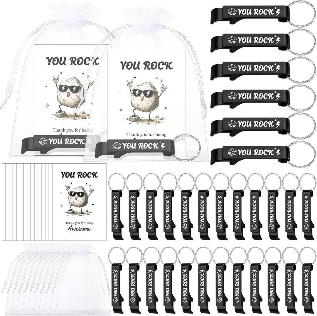 LemonRoad 30 Set Inspirational You Rock Gifts Bottle Opener Keychain with Thank You Card Organza Bag Aluminum Drink Opener Bulk Appreciation Gift for Employee Coworker Wedding Party Favor(Black)