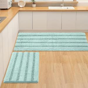 Non Slip Thick Shaggy Chenille Bathroom Rug Sets 2 Piece, Thickened Hot Melt Rubber Bottom Bath Mats for Bathroom, Bath Rugs Quick Dry Machine Washable for Shower (Spa Blue, 47"x17" Plus 17"x24")