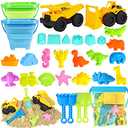 FHOZGECY Beach Toys, Sand Toys for Kids Boys and Girls with 2 Construction Vehicle, 2 Collapsible, Sand Castle Building Kit, Sand Molds, Mesh Bag, Outdoor Toys for Kids Ages 4-8