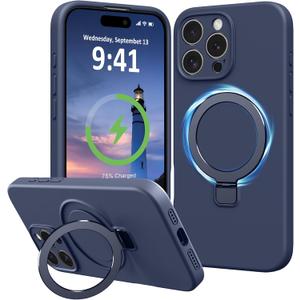 Compatible with iPhone 16 Pro Max Case Stand, Slim Liquid Silicone Phone Case Fit for iPhone 16 Pro Max Compatible with MagSafe Magnetic Ring Kickstand Case Full Camera Protection, Dark Blue