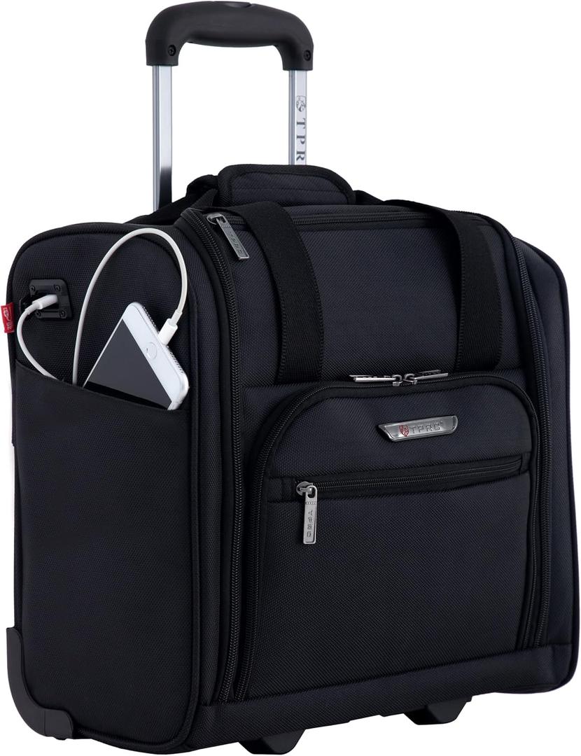 TPRC 15 Underseat Carry-On Luggage Airline Approved Personal Item with USB Charging Port, Black, Underseater 15-inch