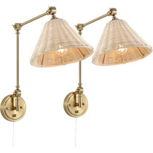 WINGBO Wall Sconce Rattan Wrapped Wall Lamp, Adjustable Swing Arm Wall Light Gold Vintage Bedside Light Fixture Wicker Handmade Shade Brass Reading Light Plug in or Hardwire (2 Pack)
