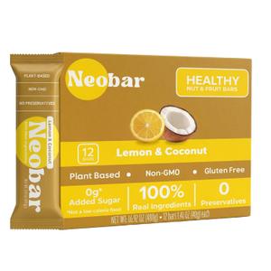 NEOBAR Lemon Coconut Plant-Based Vegan Snack Bars, Gluten Free Dairy Free Snacks, No Added Sugar, No Preservatives, Non-GMO | 12 Count