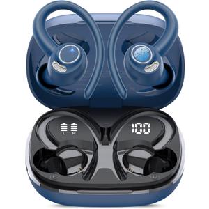 Wireless Earbuds, Bluetooth 5.4 Headphones Sport, Over Ear Buds with ENC Noise Cancelling Mic, 48H, Wireless Earphone with Earhooks, Stereo Deep Bass, IP7 Waterproof Ear Bud for Workout Running, Blue